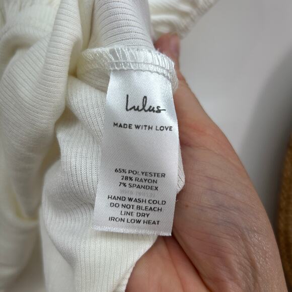Lulus Off White Crop Delicate Details Ivory Ribbed Puff Sleeve Babydoll Top XS - Picture 7 of 8